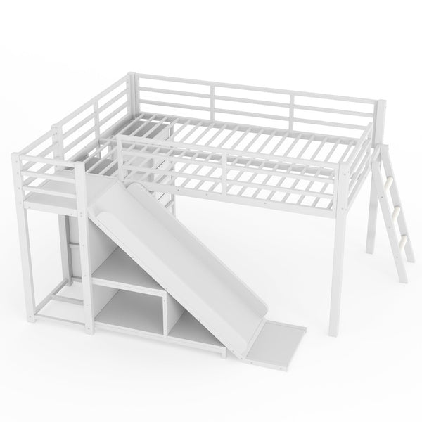 English Elm Twin Metal Loft Bed with Slide Ladder Storage Drawers Hanging Space for Kids Antique White W5305S00125