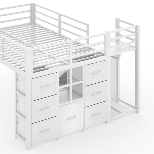 English Elm Twin Metal Loft Bed with Slide Ladder Storage Drawers Hanging Space for Kids Antique White W5305S00125