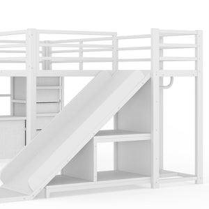 English Elm Twin Metal Loft Bed with Slide Ladder Storage Drawers Hanging Space for Kids Antique White W5305S00125