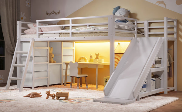 English Elm Twin Metal Loft Bed with Slide Ladder Storage Drawers Hanging Space for Kids Antique White W5305S00125