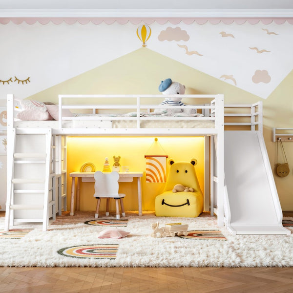 English Elm Twin Metal Loft Bed with Slide Ladder Storage Drawers Hanging Space for Kids Antique White W5305S00125