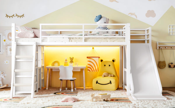 English Elm Twin Metal Loft Bed with Slide Ladder Storage Drawers Hanging Space for Kids Antique White W5305S00125