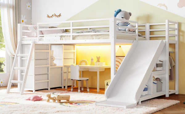 English Elm Twin Metal Loft Bed with Slide Ladder Storage Drawers Hanging Space for Kids Antique White W5305S00125