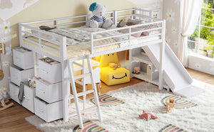 English Elm Twin Metal Loft Bed with Slide Ladder Storage Drawers Hanging Space for Kids Antique White W5305S00125