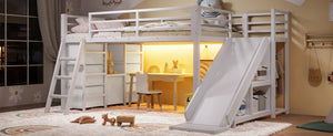 English Elm Twin Metal Loft Bed with Slide Ladder Storage Drawers Hanging Space for Kids Antique White W5305S00125