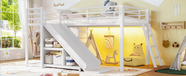 English Elm Twin Metal Loft Bed with Slide Ladder Storage Drawers Hanging Space for Kids Antique White W5305S00125