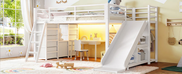 English Elm Twin Metal Loft Bed with Slide Ladder Storage Drawers Hanging Space for Kids Antique White W5305S00125