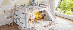 English Elm Twin Metal Loft Bed with Slide Ladder Storage Drawers Hanging Space for Kids Antique White W5305S00125