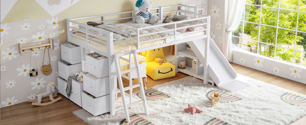 English Elm Twin Metal Loft Bed with Slide Ladder Storage Drawers Hanging Space for Kids Antique White W5305S00125