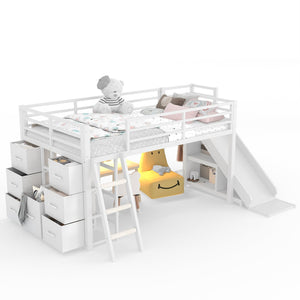 English Elm Twin Metal Loft Bed with Slide Ladder Storage Drawers Hanging Space for Kids Antique White W5305S00125