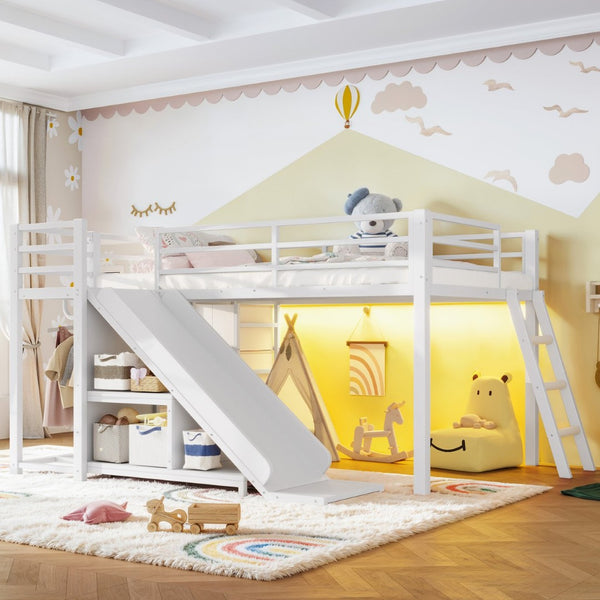 English Elm Twin Metal Loft Bed with Slide Ladder Storage Drawers Hanging Space for Kids Antique White W5305S00125