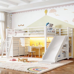 English Elm Twin Metal Loft Bed with Slide Ladder Storage Drawers Hanging Space for Kids Antique White W5305S00125