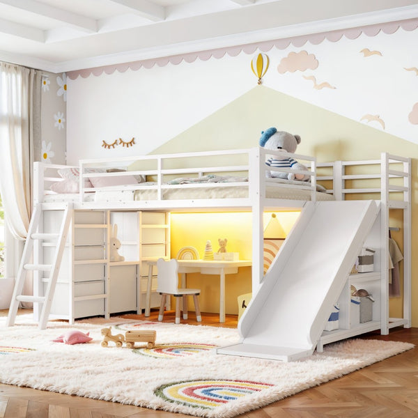 English Elm Twin Metal Loft Bed with Slide Ladder Storage Drawers Hanging Space for Kids Antique White W5305S00125