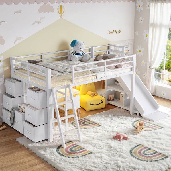 English Elm Twin Metal Loft Bed with Slide Ladder Storage Drawers Hanging Space for Kids Antique White W5305S00125