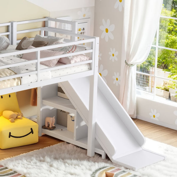 English Elm Twin Metal Loft Bed with Slide Ladder Storage Drawers Hanging Space for Kids Antique White W5305S00125
