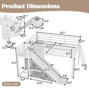 English Elm Twin Metal Loft Bed with Slide Ladder Storage Drawers Hanging Space for Kids Antique White W5305S00125