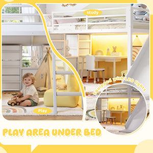 English Elm Twin Metal Loft Bed with Slide Ladder Storage Drawers Hanging Space for Kids Antique White W5305S00125