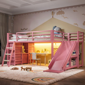 English Elm Twin Metal Loft Bed with Slide Ladder Storage Drawers Hanging Space for Kids Pink W5305S00126