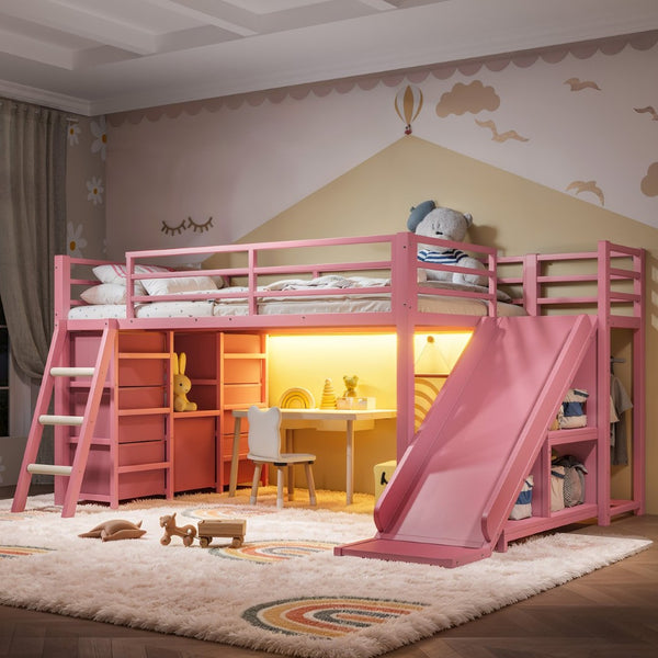English Elm Twin Metal Loft Bed with Slide Ladder Storage Drawers Hanging Space for Kids Pink W5305S00126