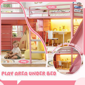 English Elm Twin Metal Loft Bed with Slide Ladder Storage Drawers Hanging Space for Kids Pink W5305S00126