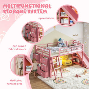 English Elm Twin Metal Loft Bed with Slide Ladder Storage Drawers Hanging Space for Kids Pink W5305S00126