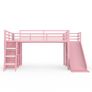 English Elm Twin Metal Loft Bed with Slide Ladder Storage Drawers Hanging Space for Kids Pink W5305S00126
