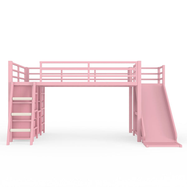 English Elm Twin Metal Loft Bed with Slide Ladder Storage Drawers Hanging Space for Kids Pink W5305S00126
