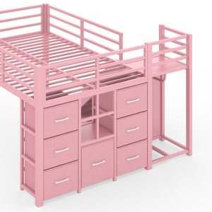 English Elm Twin Metal Loft Bed with Slide Ladder Storage Drawers Hanging Space for Kids Pink W5305S00126
