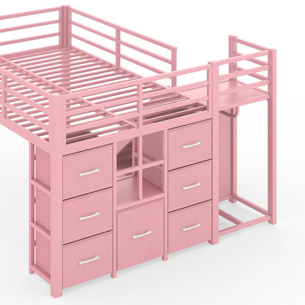 English Elm Twin Metal Loft Bed with Slide Ladder Storage Drawers Hanging Space for Kids Pink W5305S00126