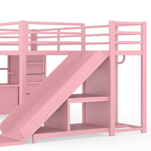 English Elm Twin Metal Loft Bed with Slide Ladder Storage Drawers Hanging Space for Kids Pink W5305S00126