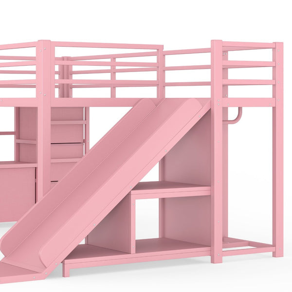 English Elm Twin Metal Loft Bed with Slide Ladder Storage Drawers Hanging Space for Kids Pink W5305S00126