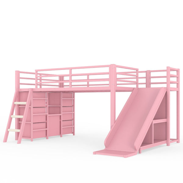 English Elm Twin Metal Loft Bed with Slide Ladder Storage Drawers Hanging Space for Kids Pink W5305S00126
