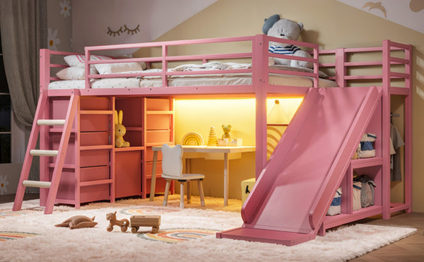 English Elm Twin Metal Loft Bed with Slide Ladder Storage Drawers Hanging Space for Kids Pink W5305S00126