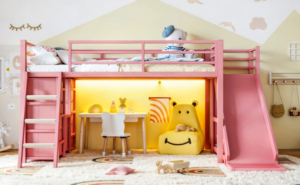 English Elm Twin Metal Loft Bed with Slide Ladder Storage Drawers Hanging Space for Kids Pink W5305S00126