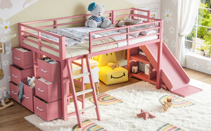 English Elm Twin Metal Loft Bed with Slide Ladder Storage Drawers Hanging Space for Kids Pink W5305S00126