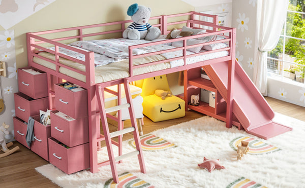 English Elm Twin Metal Loft Bed with Slide Ladder Storage Drawers Hanging Space for Kids Pink W5305S00126