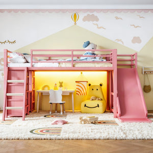 English Elm Twin Metal Loft Bed with Slide Ladder Storage Drawers Hanging Space for Kids Pink W5305S00126