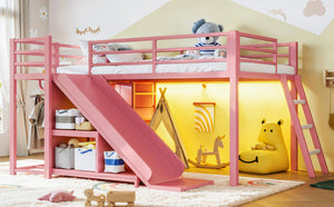 English Elm Twin Metal Loft Bed with Slide Ladder Storage Drawers Hanging Space for Kids Pink W5305S00126