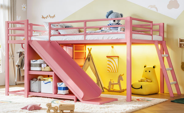 English Elm Twin Metal Loft Bed with Slide Ladder Storage Drawers Hanging Space for Kids Pink W5305S00126