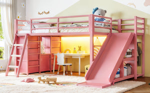 English Elm Twin Metal Loft Bed with Slide Ladder Storage Drawers Hanging Space for Kids Pink W5305S00126