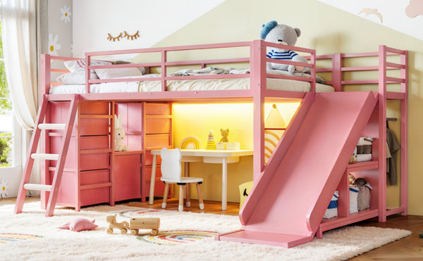 English Elm Twin Metal Loft Bed with Slide Ladder Storage Drawers Hanging Space for Kids Pink W5305S00126