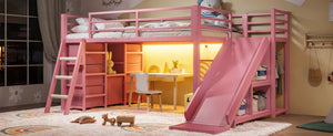 English Elm Twin Metal Loft Bed with Slide Ladder Storage Drawers Hanging Space for Kids Pink W5305S00126