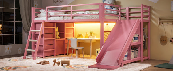 English Elm Twin Metal Loft Bed with Slide Ladder Storage Drawers Hanging Space for Kids Pink W5305S00126