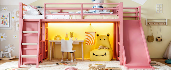 English Elm Twin Metal Loft Bed with Slide Ladder Storage Drawers Hanging Space for Kids Pink W5305S00126