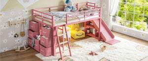 English Elm Twin Metal Loft Bed with Slide Ladder Storage Drawers Hanging Space for Kids Pink W5305S00126