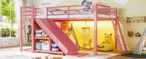 English Elm Twin Metal Loft Bed with Slide Ladder Storage Drawers Hanging Space for Kids Pink W5305S00126
