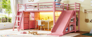 English Elm Twin Metal Loft Bed with Slide Ladder Storage Drawers Hanging Space for Kids Pink W5305S00126