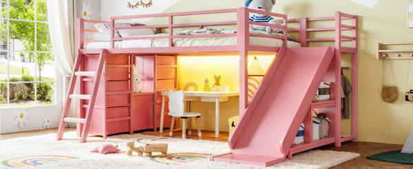 English Elm Twin Metal Loft Bed with Slide Ladder Storage Drawers Hanging Space for Kids Pink W5305S00126