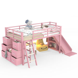 English Elm Twin Metal Loft Bed with Slide Ladder Storage Drawers Hanging Space for Kids Pink W5305S00126