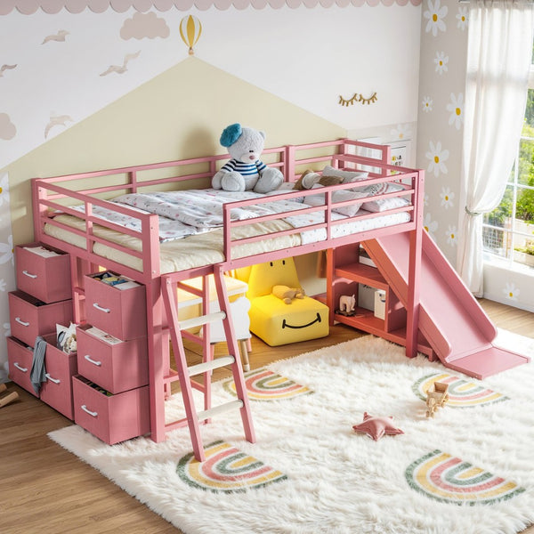 English Elm Twin Metal Loft Bed with Slide Ladder Storage Drawers Hanging Space for Kids Pink W5305S00126
